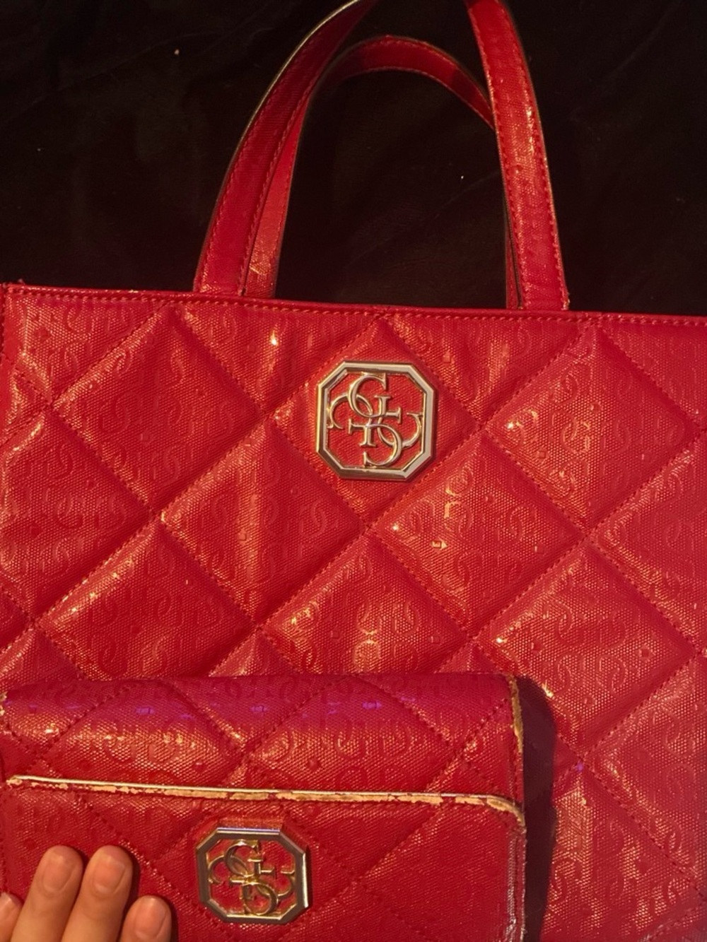G by Guess Red Quilted Shoulder Tote with Matching Wallet